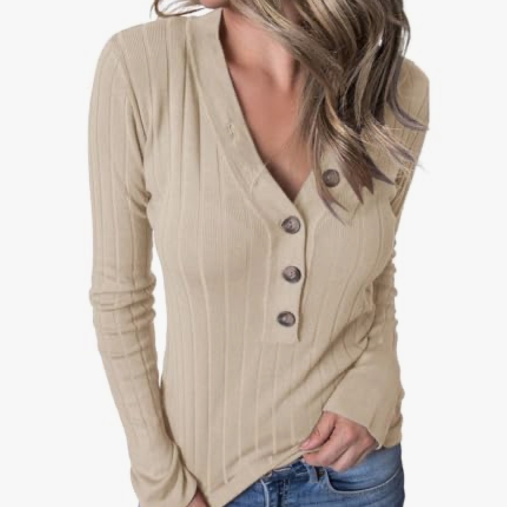 Tan V-Neck Sweater with Ribbed Knit Design